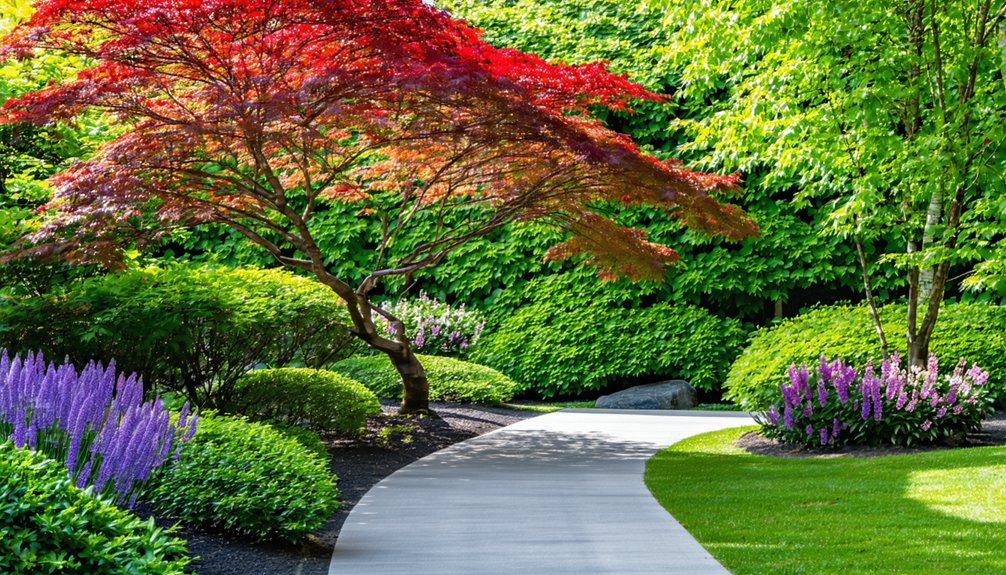 A curved concrete path winds through a landscaped garden with a red-leaved tree, purple flowers, green shrubs, and neatly trimmed grass.