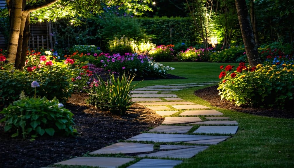 A stone pathway curves through a well-lit garden at night, surrounded by blooming flowers, shrubs, and green grass, with trees and bushes in the background.