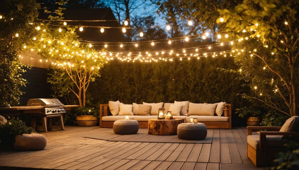 A cozy outdoor patio with string lights overhead, cushioned seating, a wooden table, and lanterns creating a warm evening ambiance.