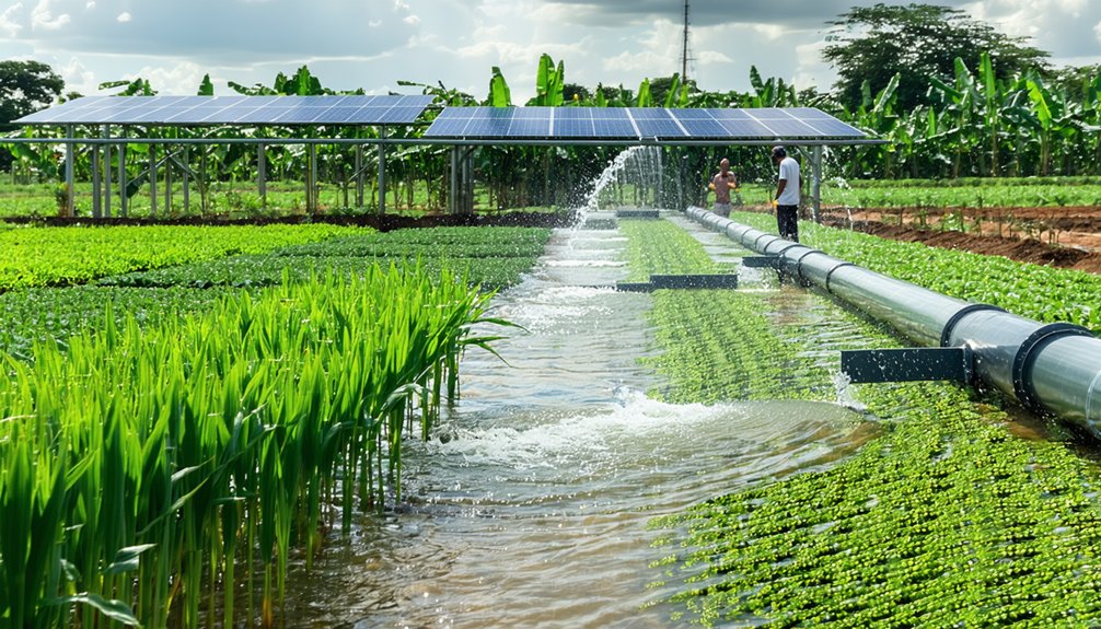Solar panels power irrigation systems over rows of crops in a green agricultural field, with water spraying from pipes and people working nearby under a cloudy sky.