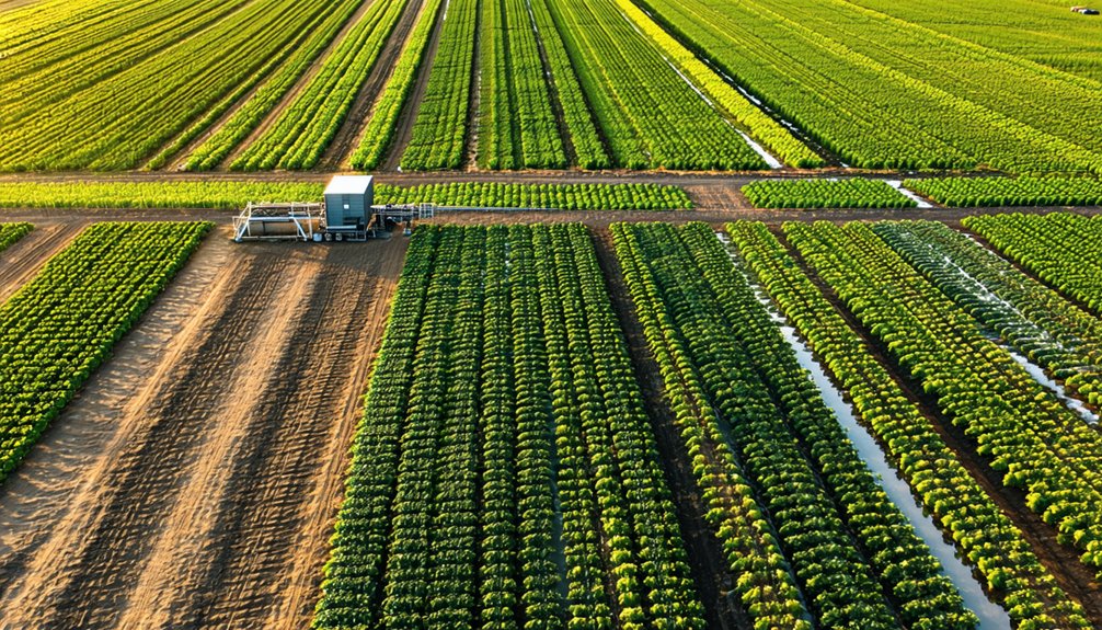 Aerial view of a large green crop field with a farming machine working between rows of plants and irrigated sections.