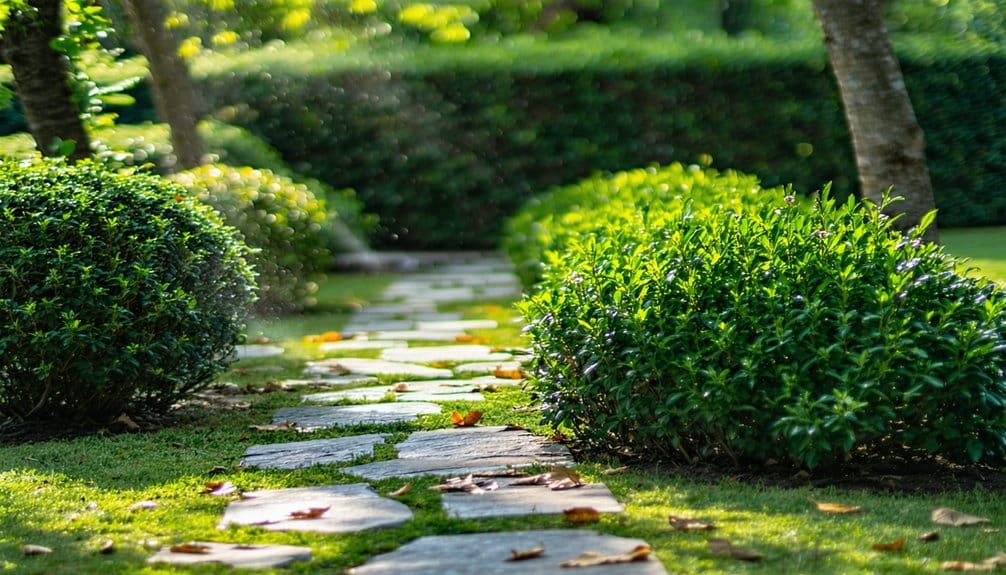 Stone stepping path winds through a neatly manicured garden with green bushes, grass, and scattered fallen leaves, framed by trees and dense hedges in the background.