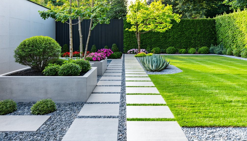 Modern landscaped garden with geometric stone path, manicured lawn, trimmed bushes, small trees, and colorful flower beds bordered by hedges and a gray wall.