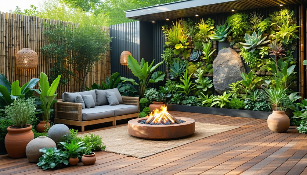 Modern patio with wooden deck, potted plants, gray outdoor sofa, round fire pit, and a vertical garden wall with various green plants and a large stone centerpiece.