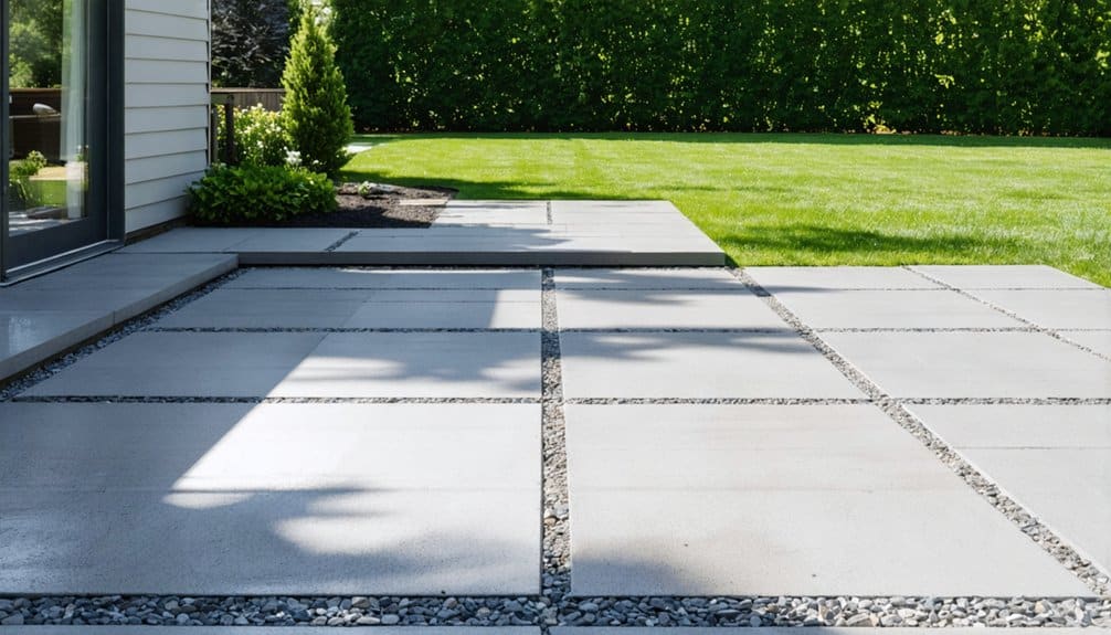 Large concrete pavers with gravel joints form a modern patio next to a house, bordered by a lawn, landscaping, and green hedges.