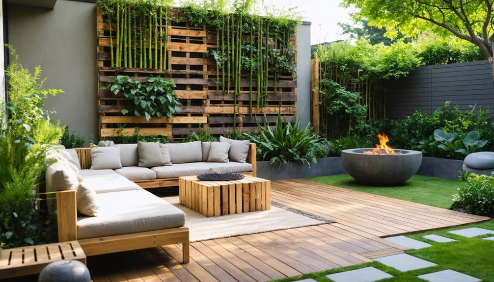 A modern backyard patio with a wooden sectional sofa, fire pit, wooden coffee table, and vertical garden on wooden pallets surrounded by lush greenery.