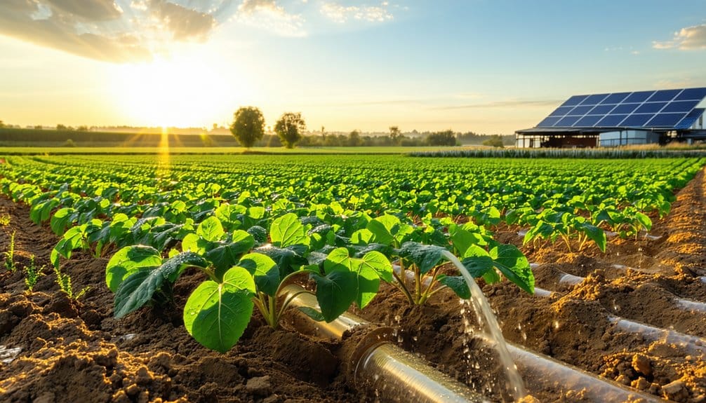 Rows of crops in a field being watered by irrigation pipes at sunrise, with a building featuring solar panels in the background.