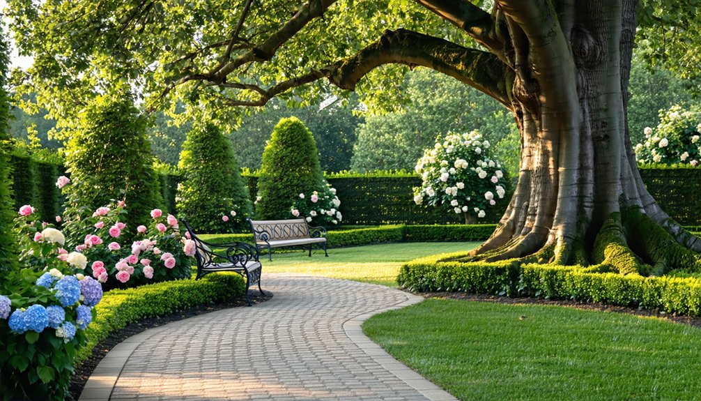A paved path curves through a landscaped garden with blooming hydrangeas, manicured bushes, a large tree, and empty benches under its shade.