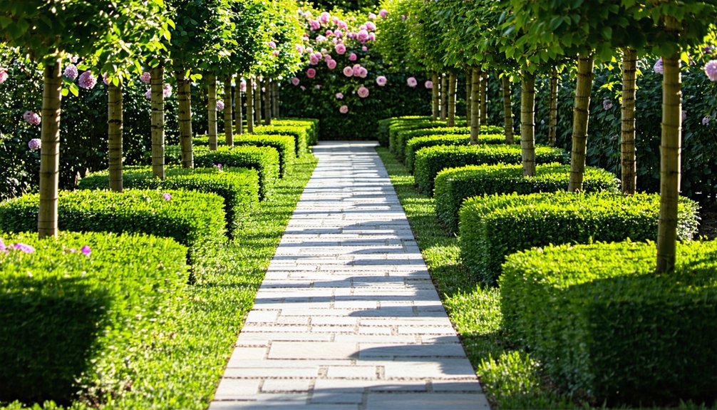 A stone pathway runs through a neatly manicured garden, lined with trimmed hedges, small trees, and blooming pink flowers in the background.