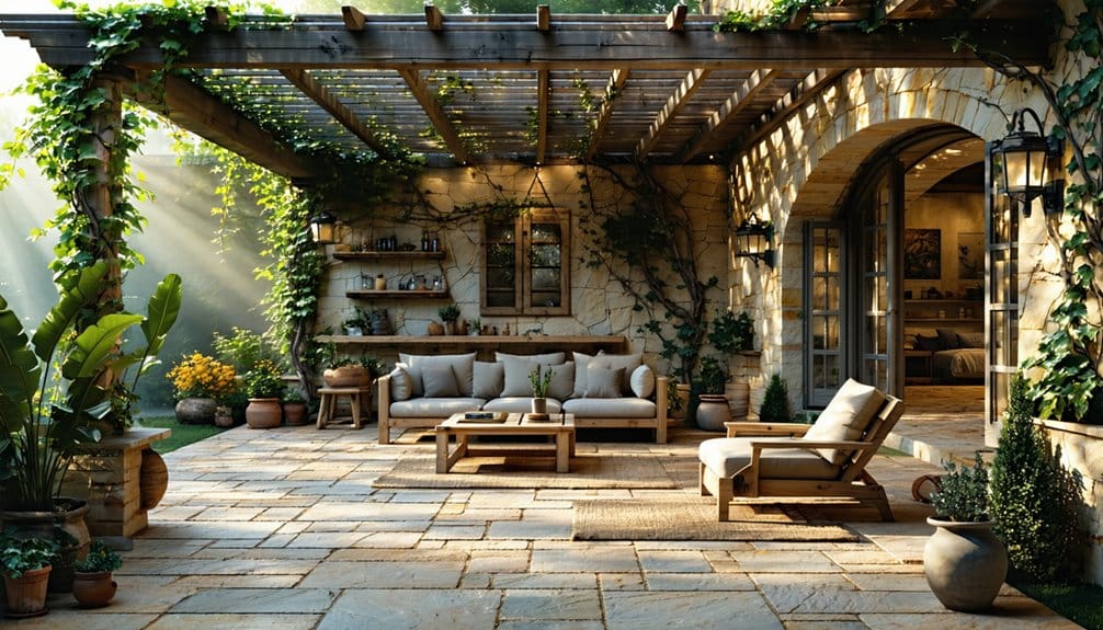 A sunlit stone patio with wooden furniture, potted plants, a pergola covered in vines, and an arched doorway leading inside.