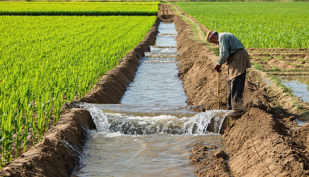 A man using a stick to control irrigation water flowing through channels in a green agricultural field.