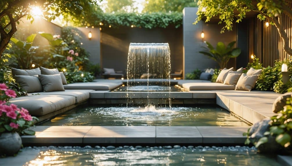 Modern garden with a central water fountain, surrounded by lush plants, gray cushioned seating, and soft outdoor lighting.