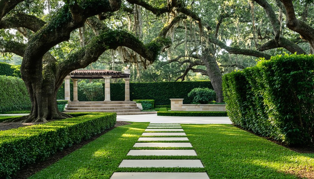 Rectangular stone pavers form a walkway through manicured grass and hedges, leading to a columned pavilion shaded by large, moss-draped oak trees in a landscaped garden.