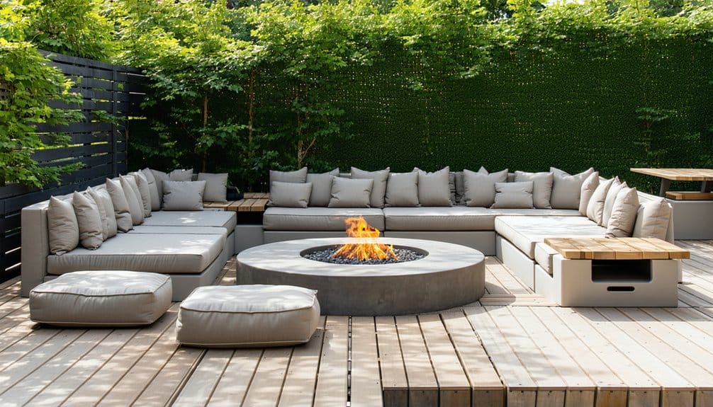 Modern outdoor patio with beige cushioned sectional seating, a round fire pit in the center, low tables, and wood decking, surrounded by green foliage and privacy fencing.