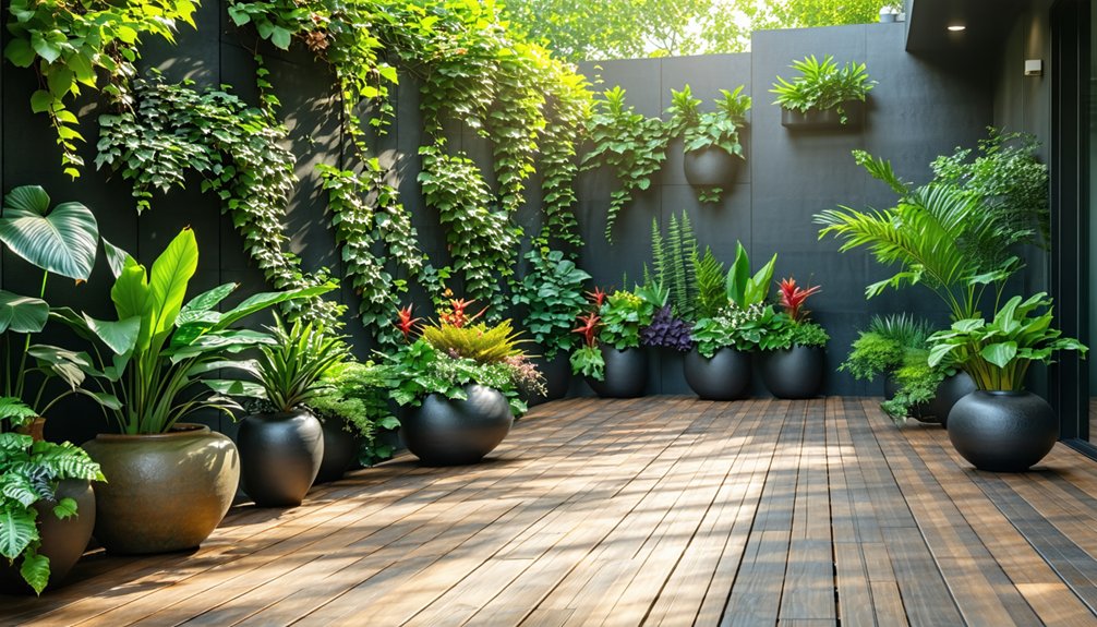 Modern patio with wooden flooring, dark walls, and various green potted plants and vines arranged neatly along the edges and climbing the walls.