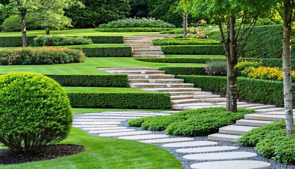 Terraced garden with neatly trimmed hedges, stone steps, round stepping stones, manicured grass, and trees, with flowers and greenery throughout.