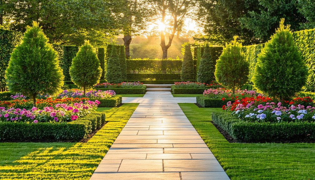A neatly landscaped garden with symmetrical flowerbeds, trimmed hedges, and paved walkways, illuminated by sunlight shining through trees in the background.