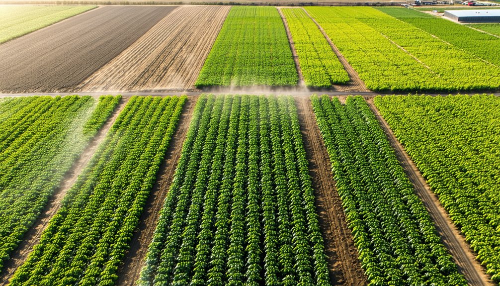 Aerial view of rectangular crop fields with rows of green plants, some tilled soil, and visible irrigation creating dust on a dirt road.