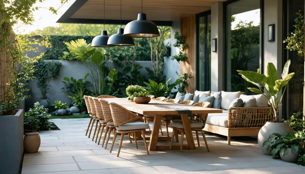 Modern outdoor patio with a long wooden dining table, wicker chairs, cushioned sofa, pendant lights, and lush green plants surrounding the space.