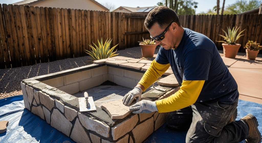 A man wearing gloves and sunglasses installs stone tiles on a square outdoor structure in a backyard, with tools and plants nearby.