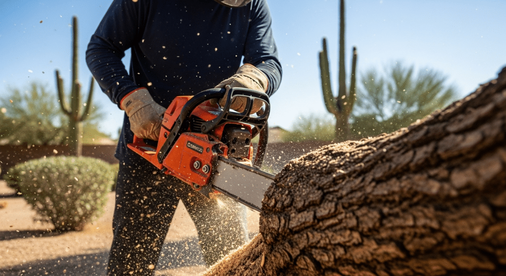 A person uses a chainsaw to cut through a large tree trunk outdoors in a desert landscape with cactus plants visible in the background.