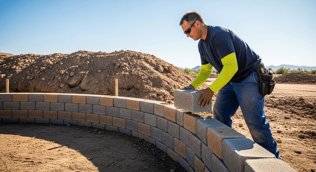 A construction worker places concrete blocks to build a curved wall at an outdoor construction site with dirt piles in the background.