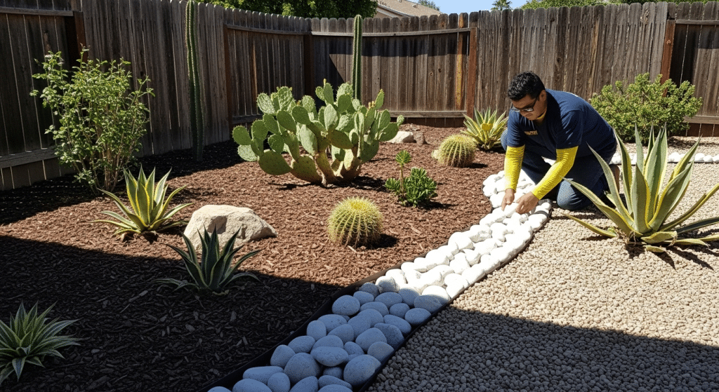 A man arranges white stones to form a border in a well-maintained backyard xeriscape garden with cacti, agave plants, and mulch.