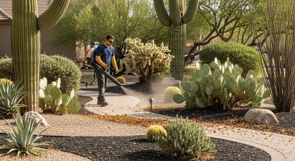A person uses a leaf blower to clear leaves from a curved walkway in a landscaped yard with cacti, shrubs, and gravel.