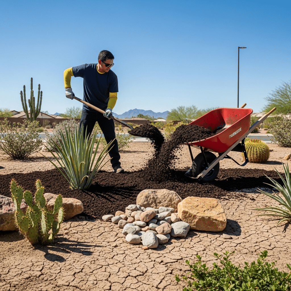 A person spreads mulch with a shovel from a wheelbarrow in a desert landscape garden, surrounded by cacti and dry soil under a clear sky.
