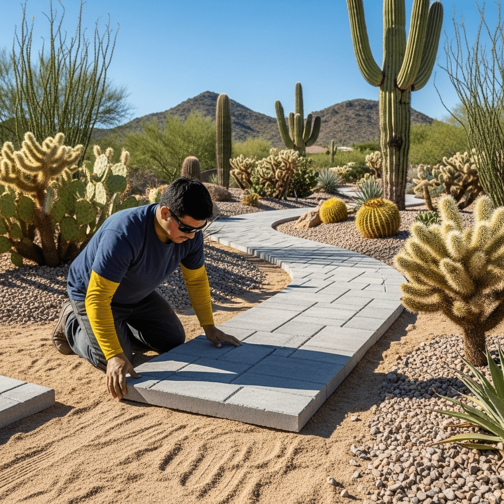 A man kneels on the ground, installing rectangular pavers to create a winding path in a desert garden with cacti and gravel under a clear blue sky.