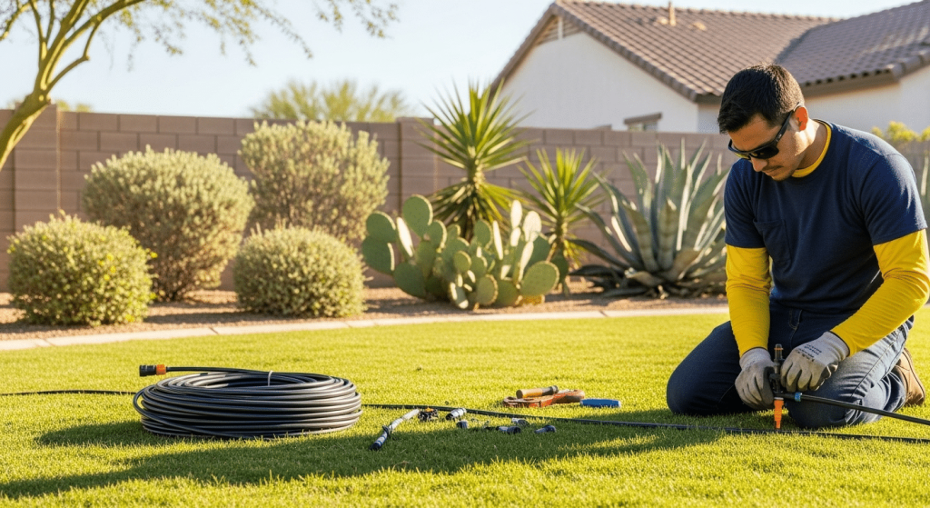 A man assembles drip irrigation equipment on a lawn in a desert-style backyard with various cacti and shrubs.