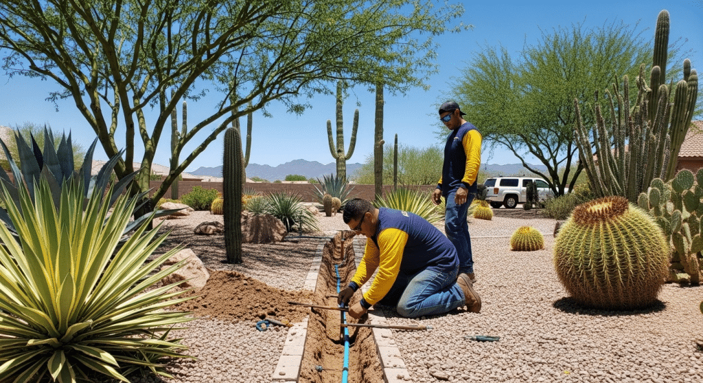 Two workers in yellow and blue uniforms install irrigation pipes in a desert landscape with cacti and gravel under a clear blue sky.