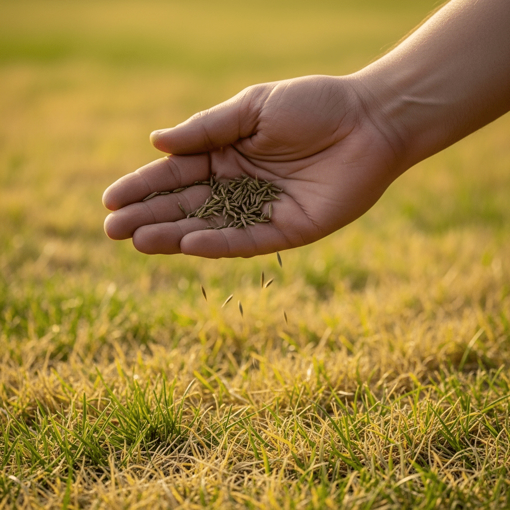 A hand sprinkles grass seeds over a patchy lawn with yellow and green grass.