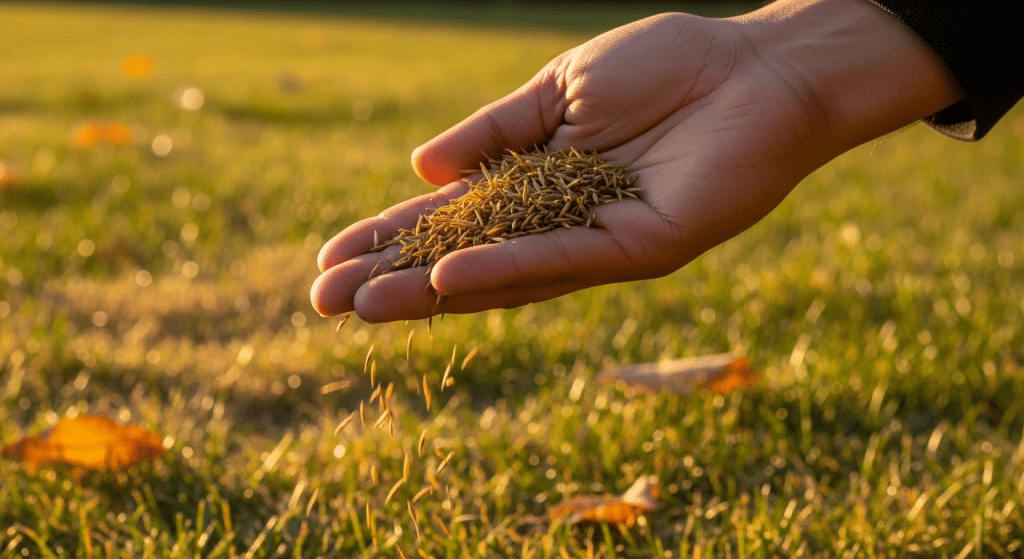 A hand holding and spreading grass seeds over a lawn with scattered autumn leaves in the background.