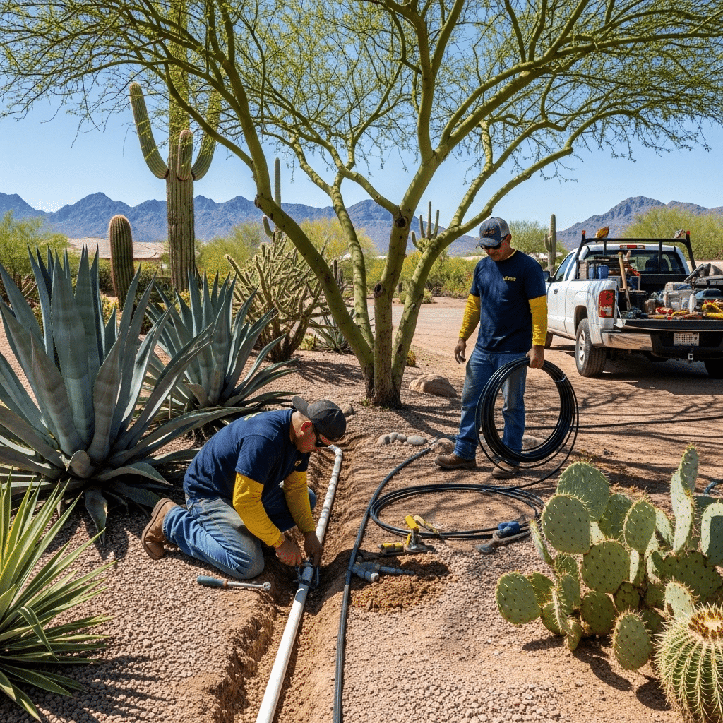 Two workers install irrigation pipes in a desert landscape surrounded by cacti and agave, with tools and a truck nearby under clear skies.