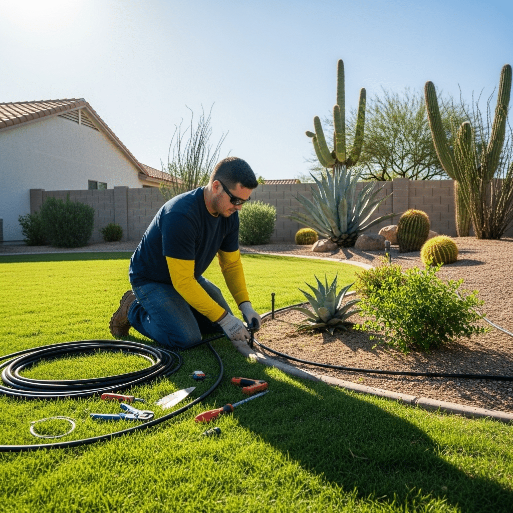 A man kneels on a lawn installing a drip irrigation system in a desert garden with cacti and agave plants beside a house.
