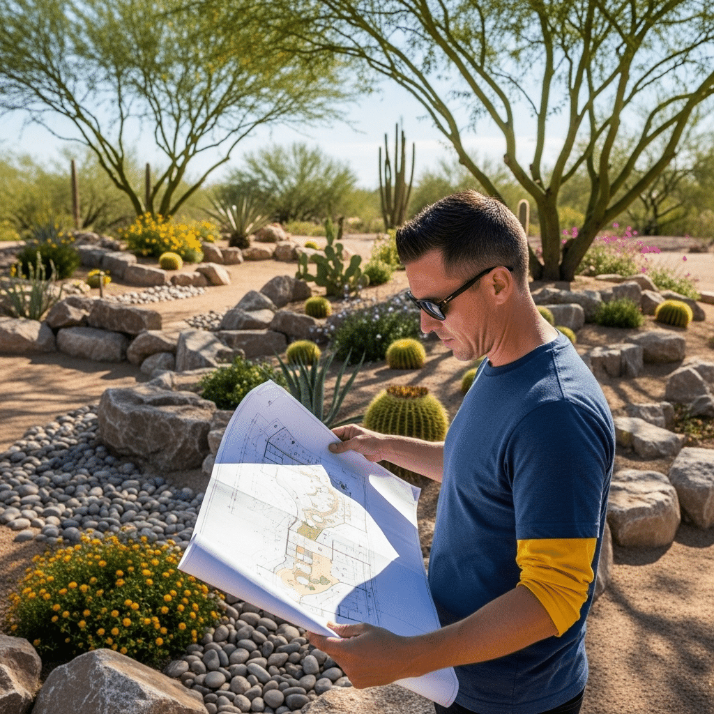 A man wearing sunglasses examines landscape blueprints in a desert garden with rocks, cacti, and various desert plants under clear skies.