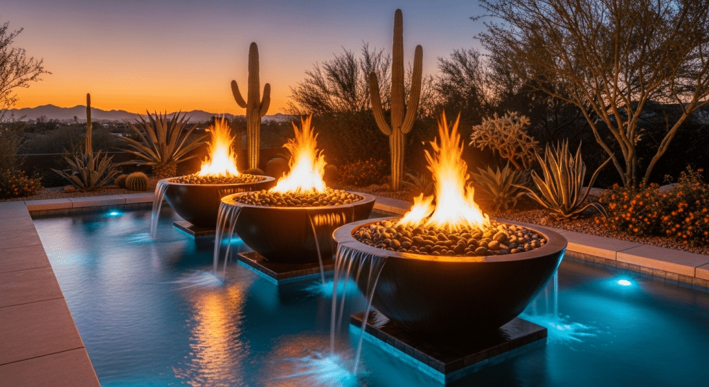 Three fire bowls with waterfalls sit in a modern swimming pool, surrounded by desert plants and cacti, at sunset.