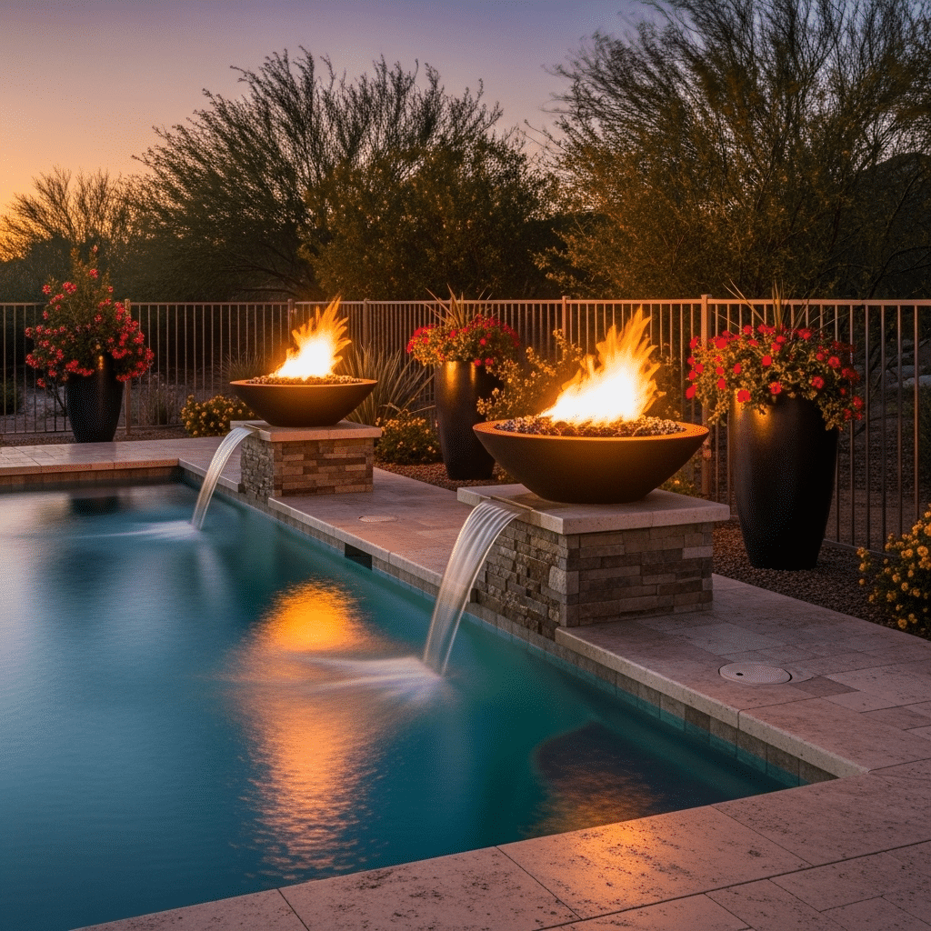 A modern backyard pool with fire bowls, water features, and large potted plants, set against a sunset and desert landscape.