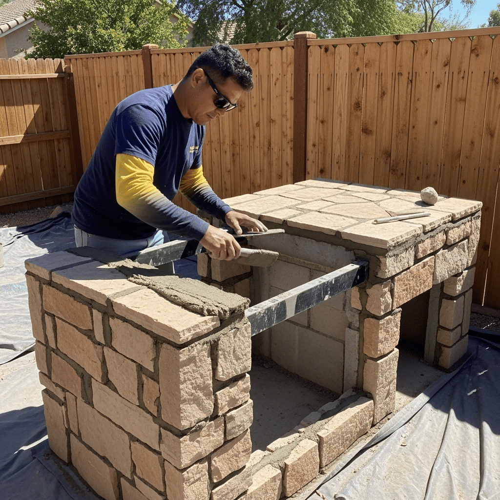 A person in sunglasses is building a stone outdoor kitchen or grill, using a level to ensure the surface is even.