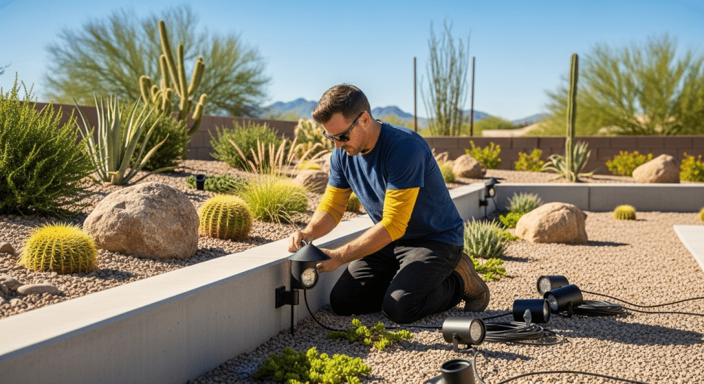 A man installs outdoor lighting fixtures in a landscaped desert garden with rocks, cacti, and other drought-tolerant plants under a clear blue sky.