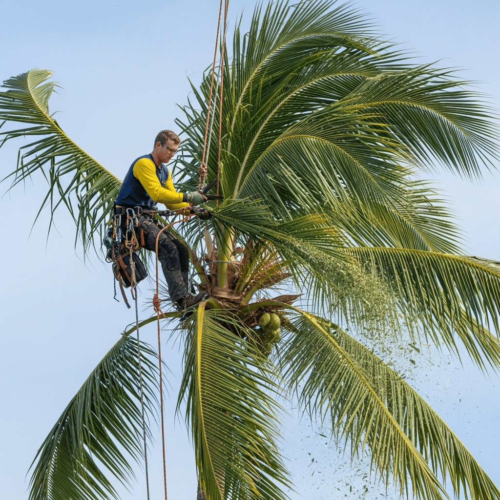 A worker with safety harness trims fronds atop a tall coconut palm tree, scattering leaves, under a clear sky.