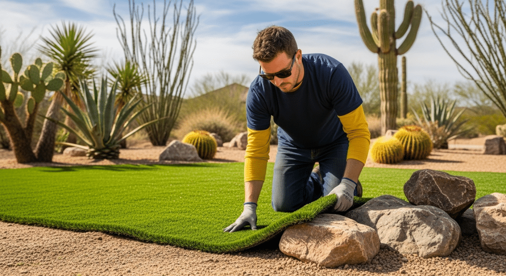 A man lays artificial turf on a dry, rocky landscape with cacti and agave plants, using rocks to secure the edges.