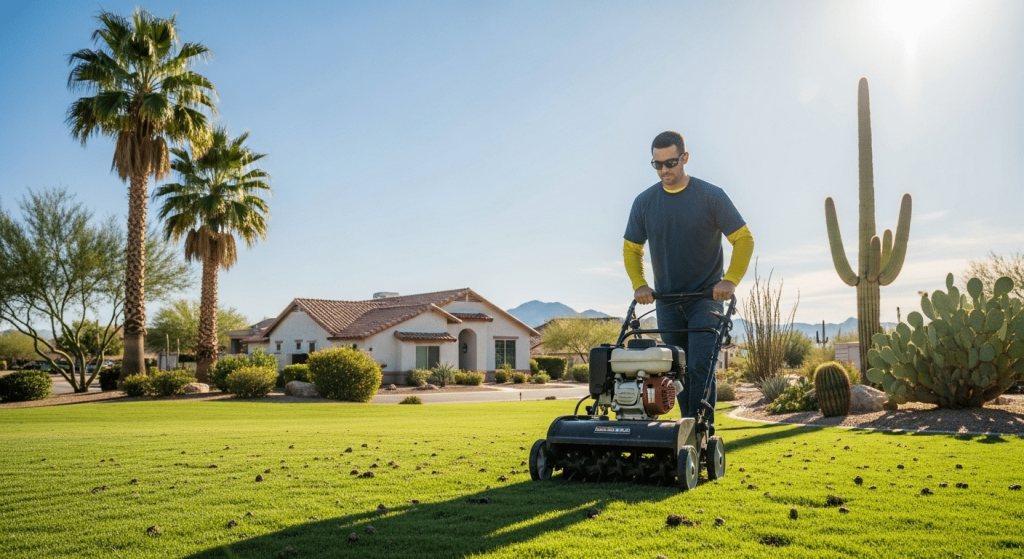 A man uses a lawn aerator on a green lawn in front of a house in a desert landscape with cacti and palm trees.