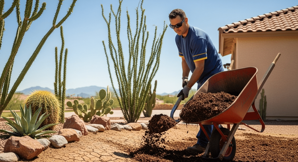 A man spreads mulch with a shovel from a wheelbarrow in a desert-style yard with cacti and rocks near a house.