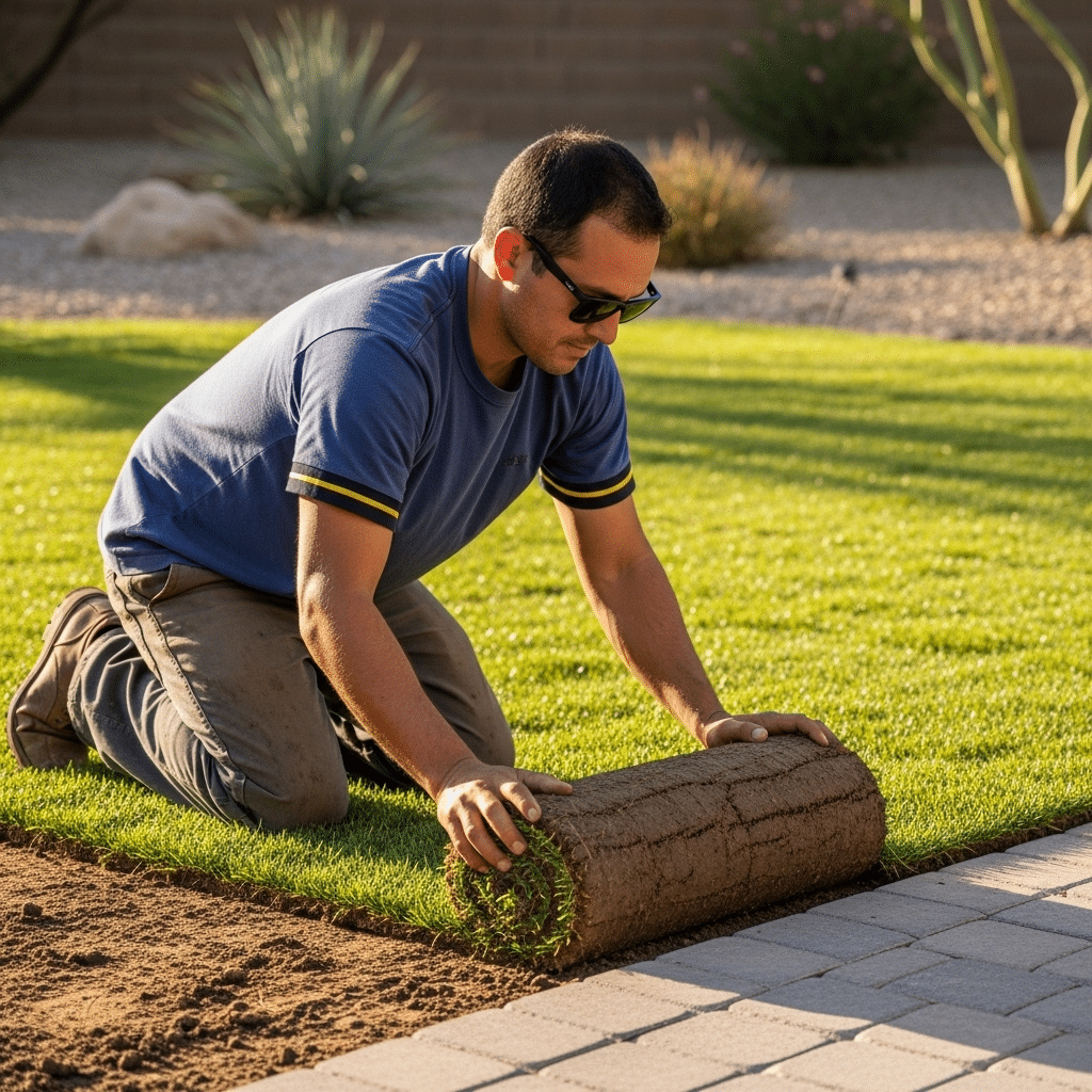 A man kneels on grass, unrolling a sod mat onto soil beside a paved patio in a landscaped yard with desert plants in the background.