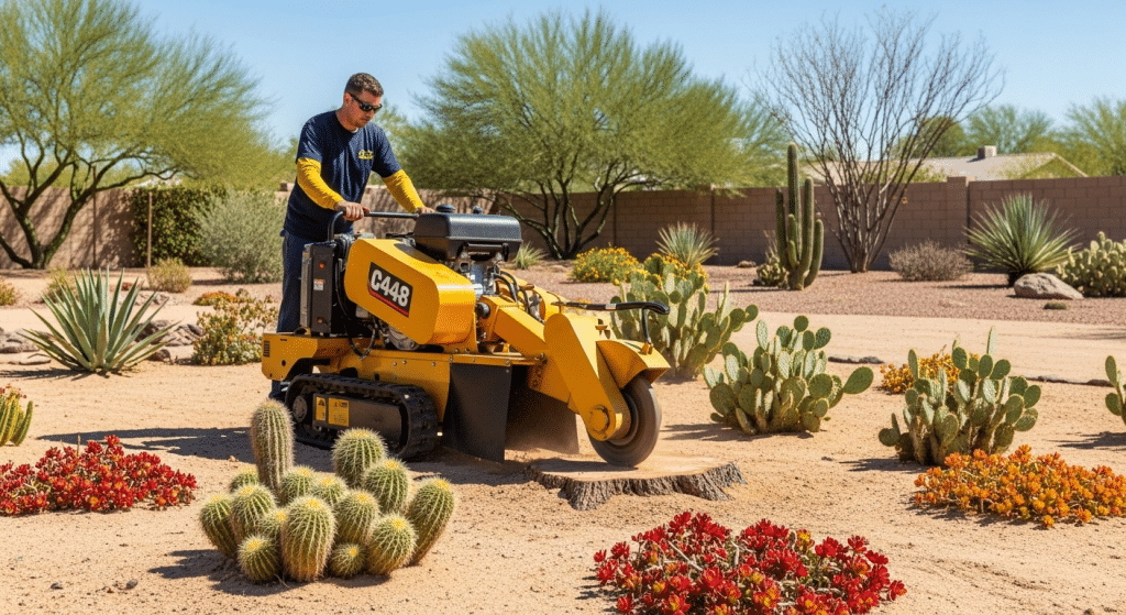 A man operates a yellow stump grinder to remove a tree stump in a desert landscape garden with cacti, succulents, and dry soil under a clear sky.