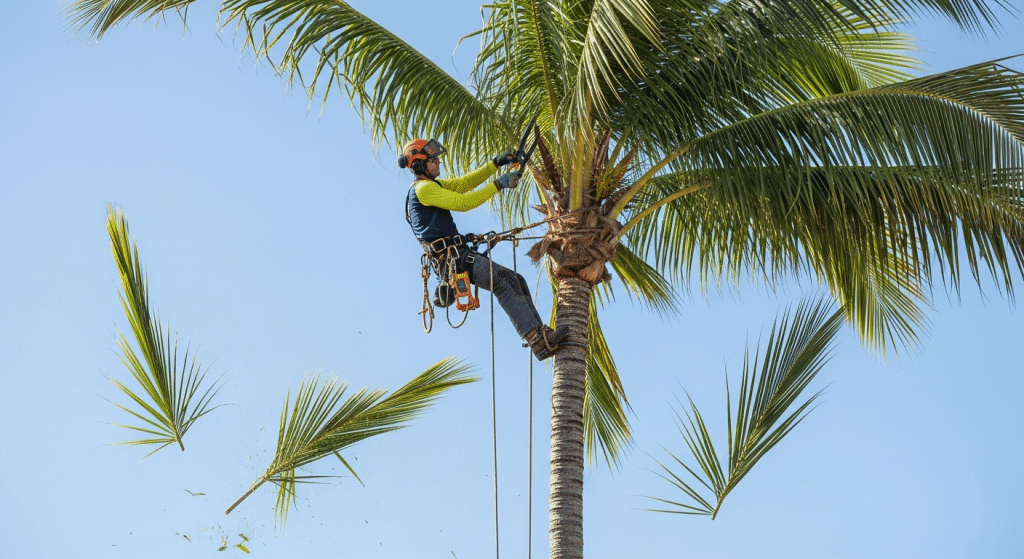 Worker wearing safety gear trims palm tree branches while harnessed high on the trunk; several cut fronds fall against a clear blue sky.