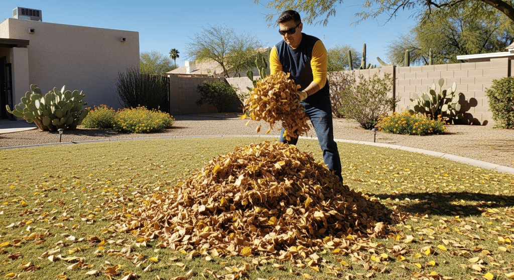 A man wearing sunglasses and a long-sleeve shirt rakes fallen leaves into a pile on a lawn in a suburban backyard with desert landscaping.