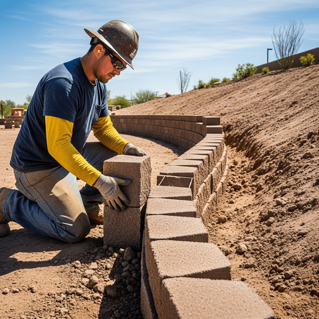 A construction worker wearing safety gear installs concrete blocks to build a curved retaining wall on a sunny day at an outdoor site.